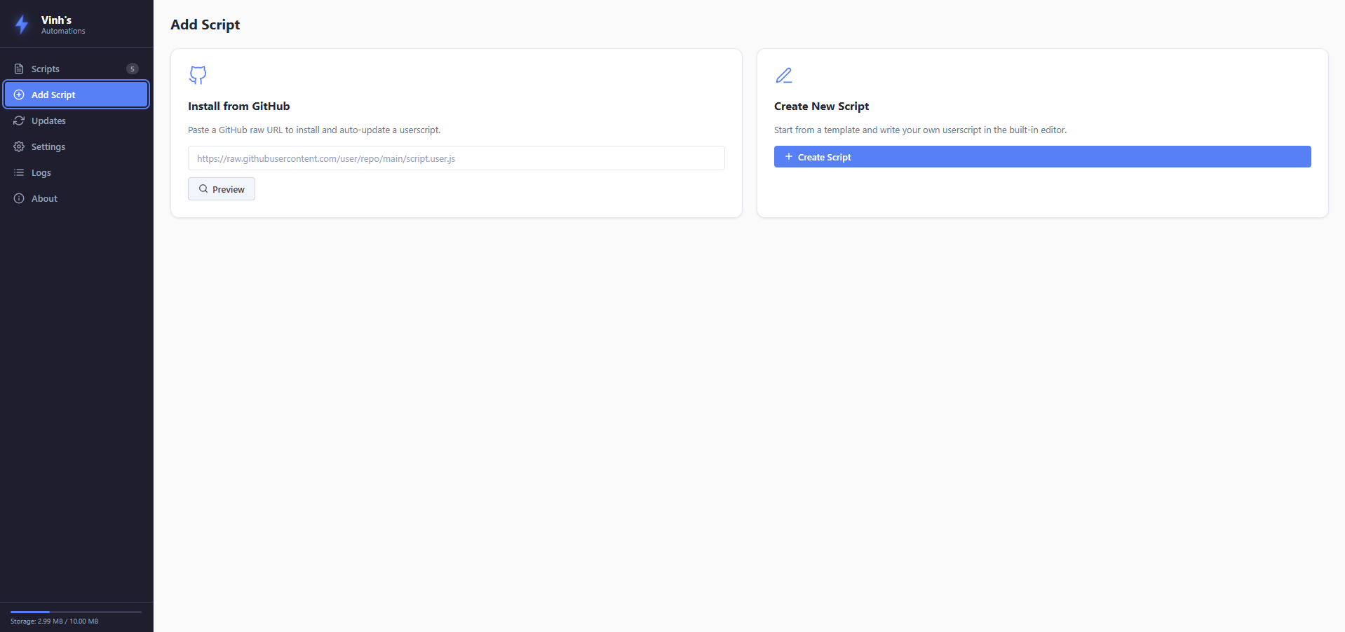 Add Script page with CodeMirror editor and metadata preview panel